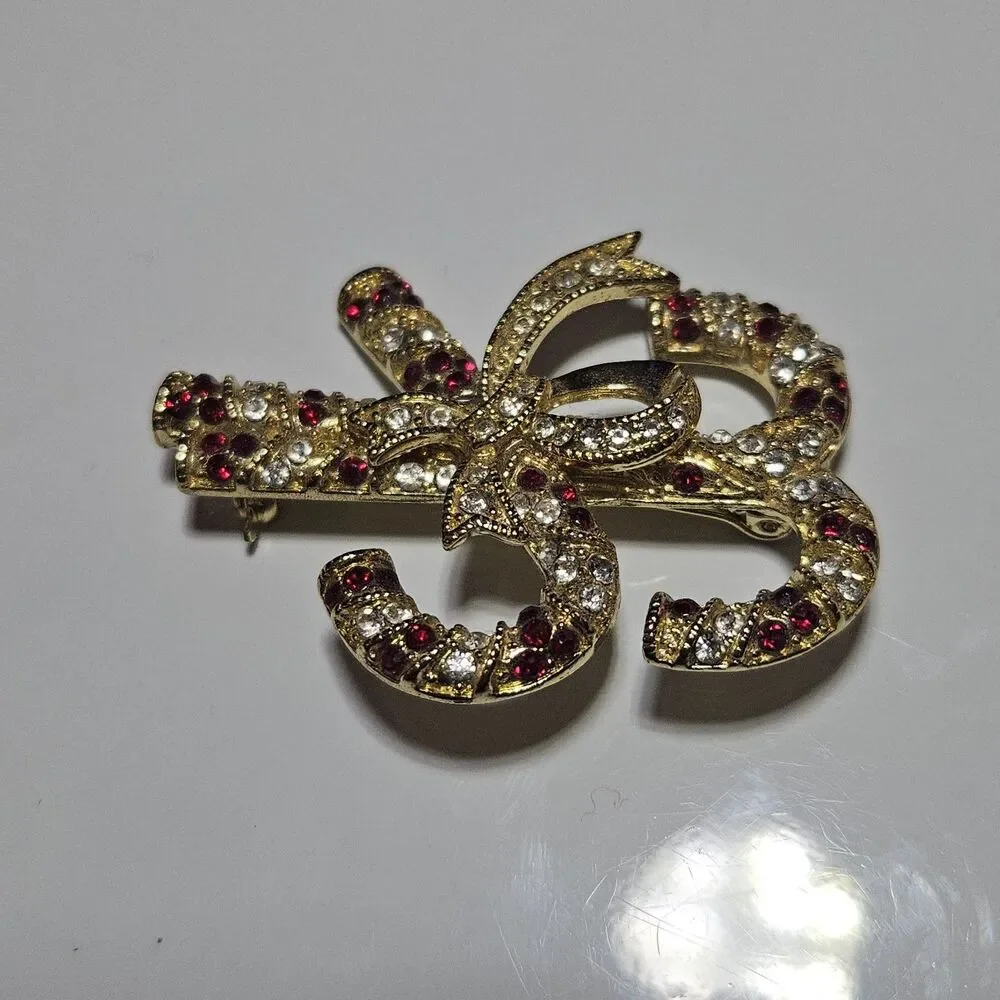 **Final Sale** Monet Christmas Candy Cane Bow Red Clear Gold Tone Brooch